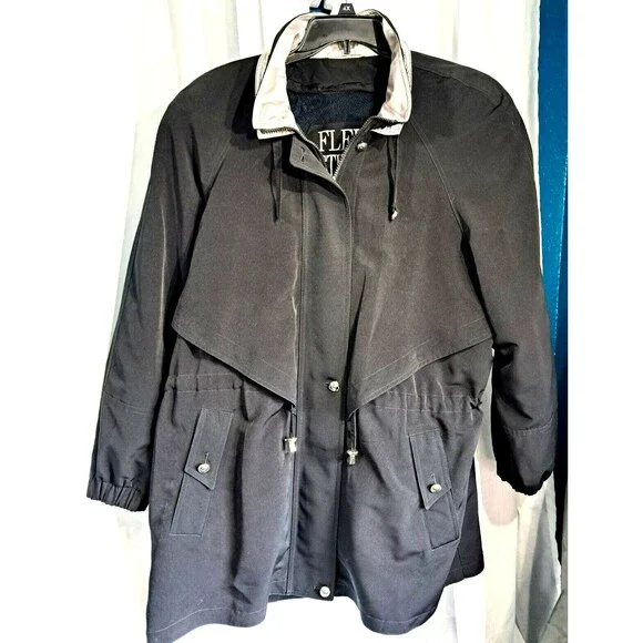 Vintage Fleet Street Black Long Coat Drawstring Waist 80s 90s Retro Womens XL - Picture 1 of 12